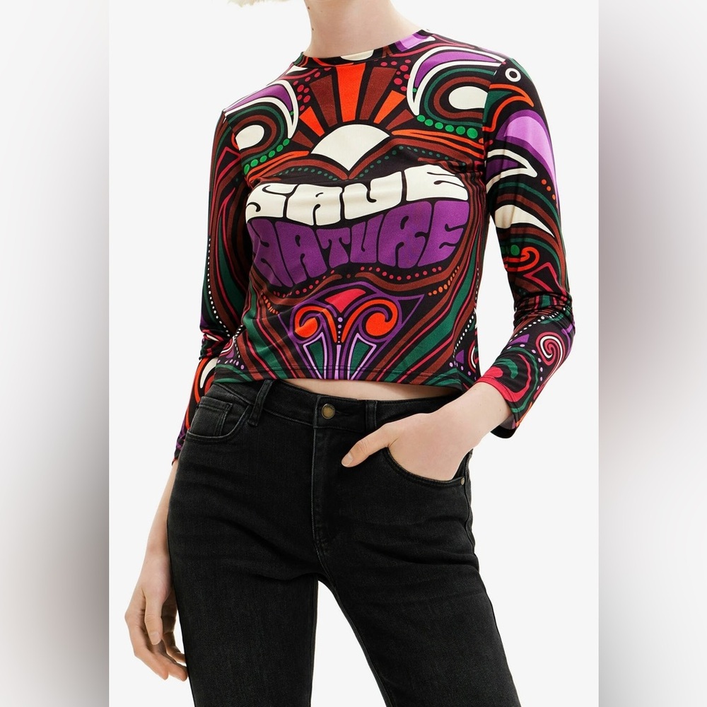Desigual Multicolor Psychedelic Graphic Long-Sleeve Crop Top